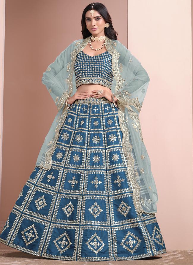 Art Silk Sky Blue Wedding Wear Sequins Work Lehenga Choli